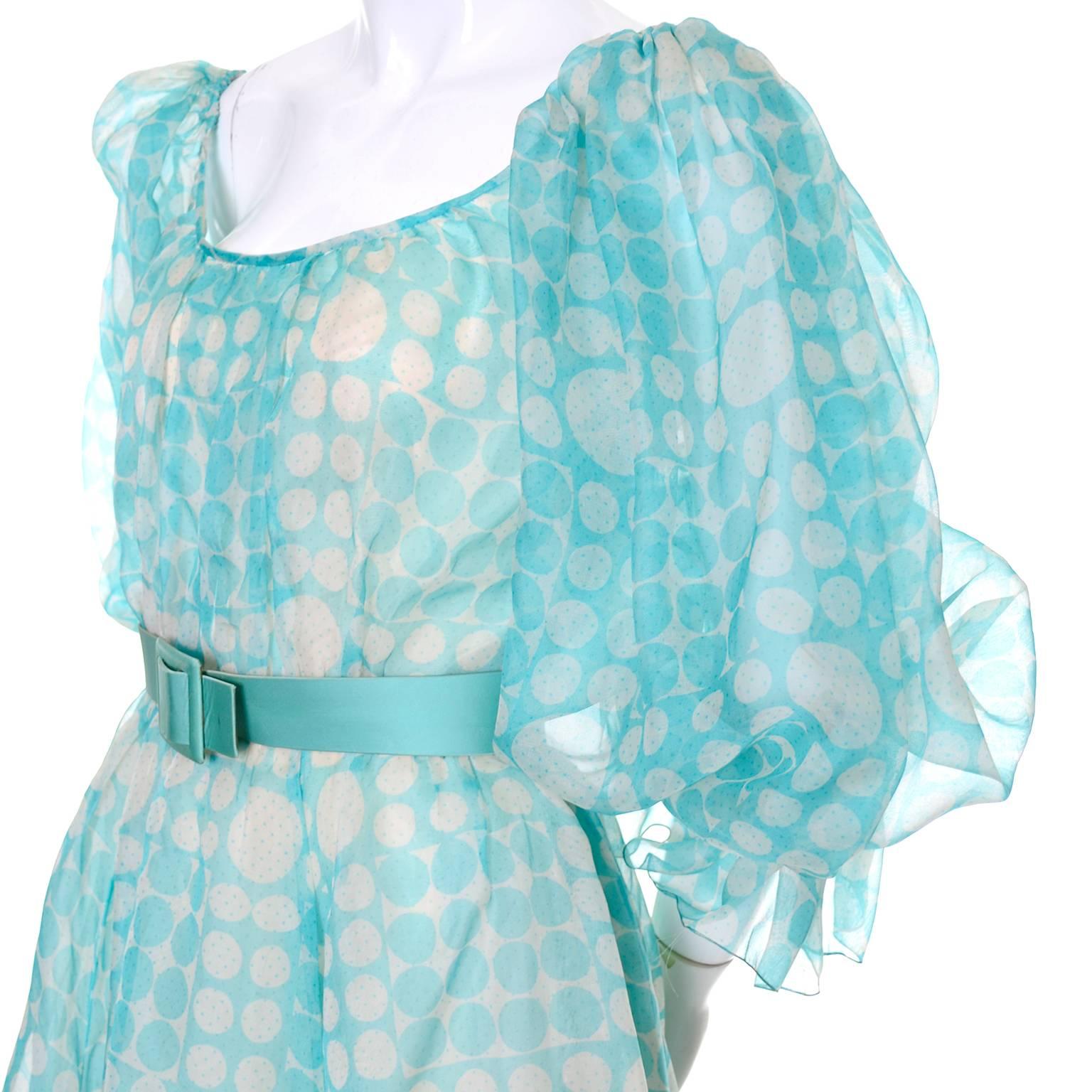 1970s Bob Mackie Ray Aghayan Aqua Blue Dot Organza Maxi Dress w Puff Sleeves For Sale 9