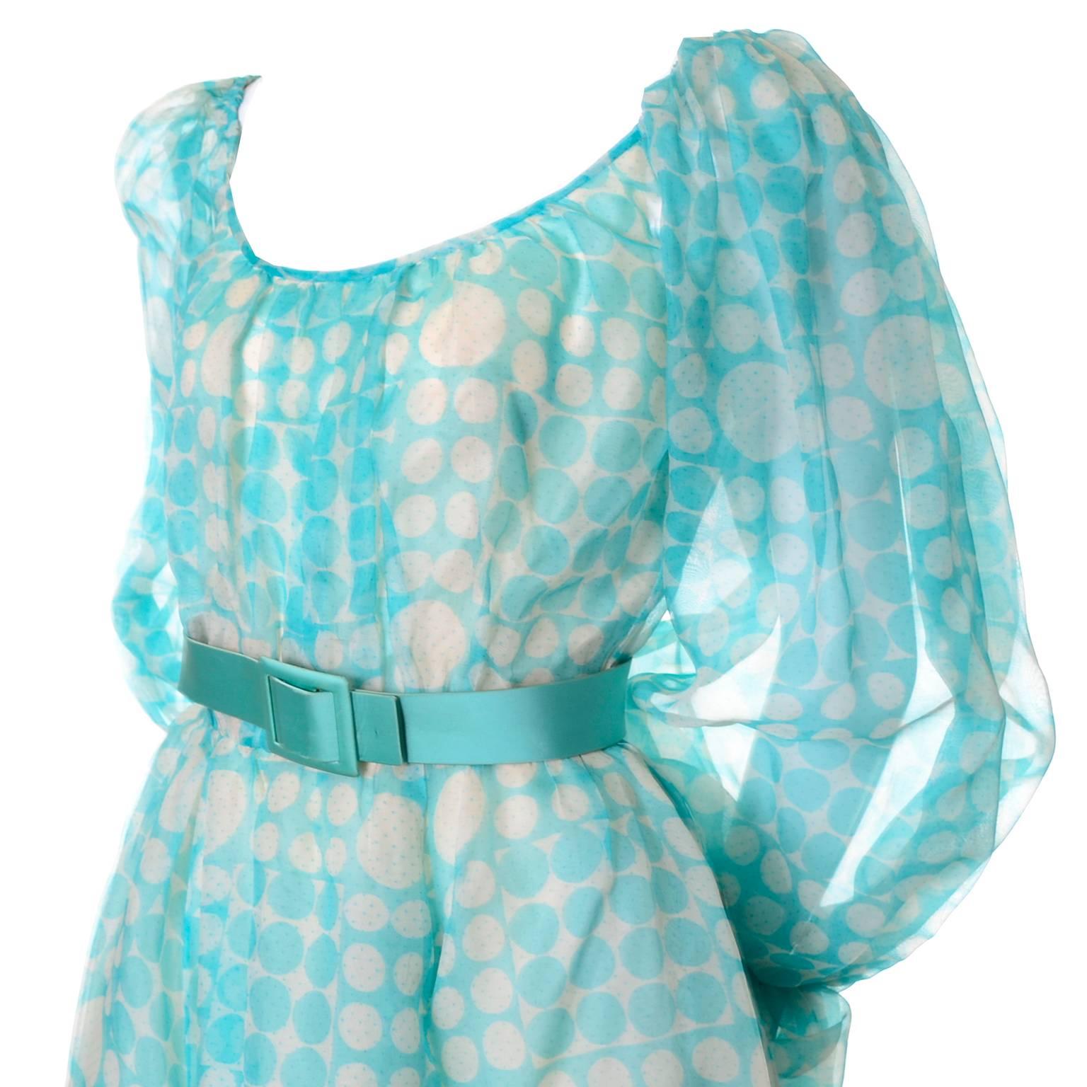 1970s Bob Mackie Ray Aghayan Aqua Blue Dot Organza Maxi Dress w Puff Sleeves For Sale 10