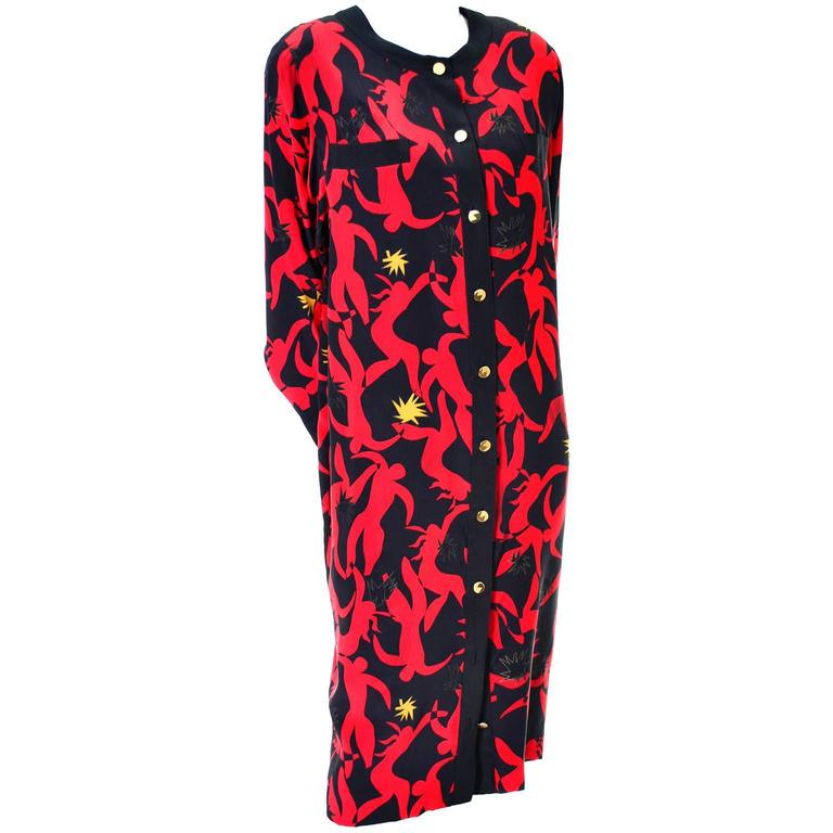 Hanae Mori Boutique Vintage Dress In Abstract Red Dancing People Print Silk For Sale At 1stdibs