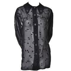 Giorgio Armani 1980s Vintage Black Sheer Flocked Velvet Stars Blouse 8