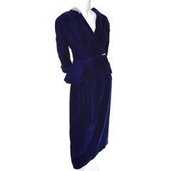 Deluxe Blue Velvet Vintage 1940s Blazer Skirt Suit Rhinestones Peplum Jacket 10