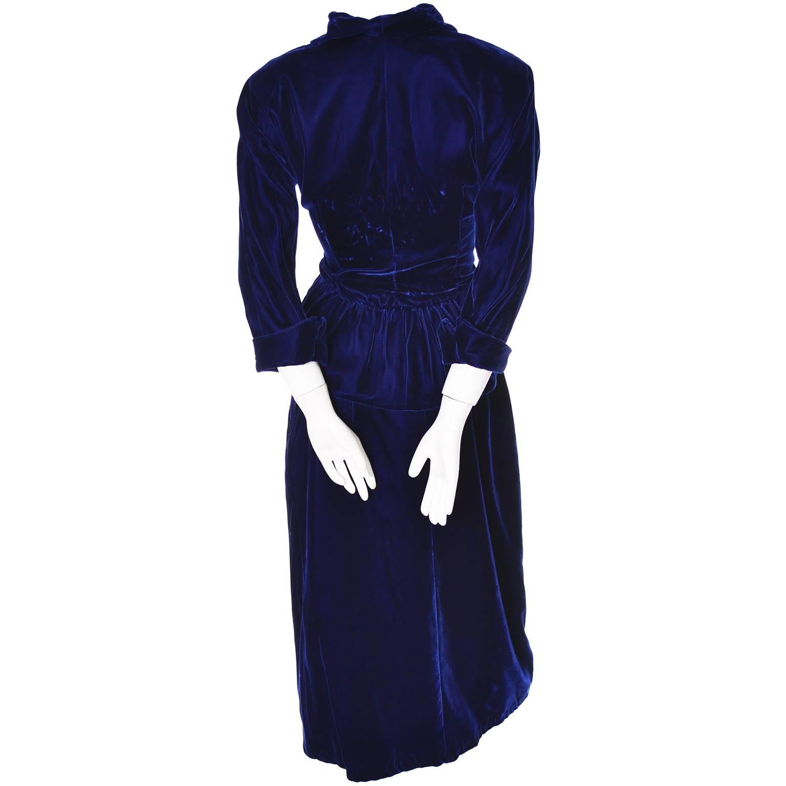 Deluxe Blue Velvet Vintage 1940s Blazer Skirt Suit Rhinestones Peplum Jacket 10 1
