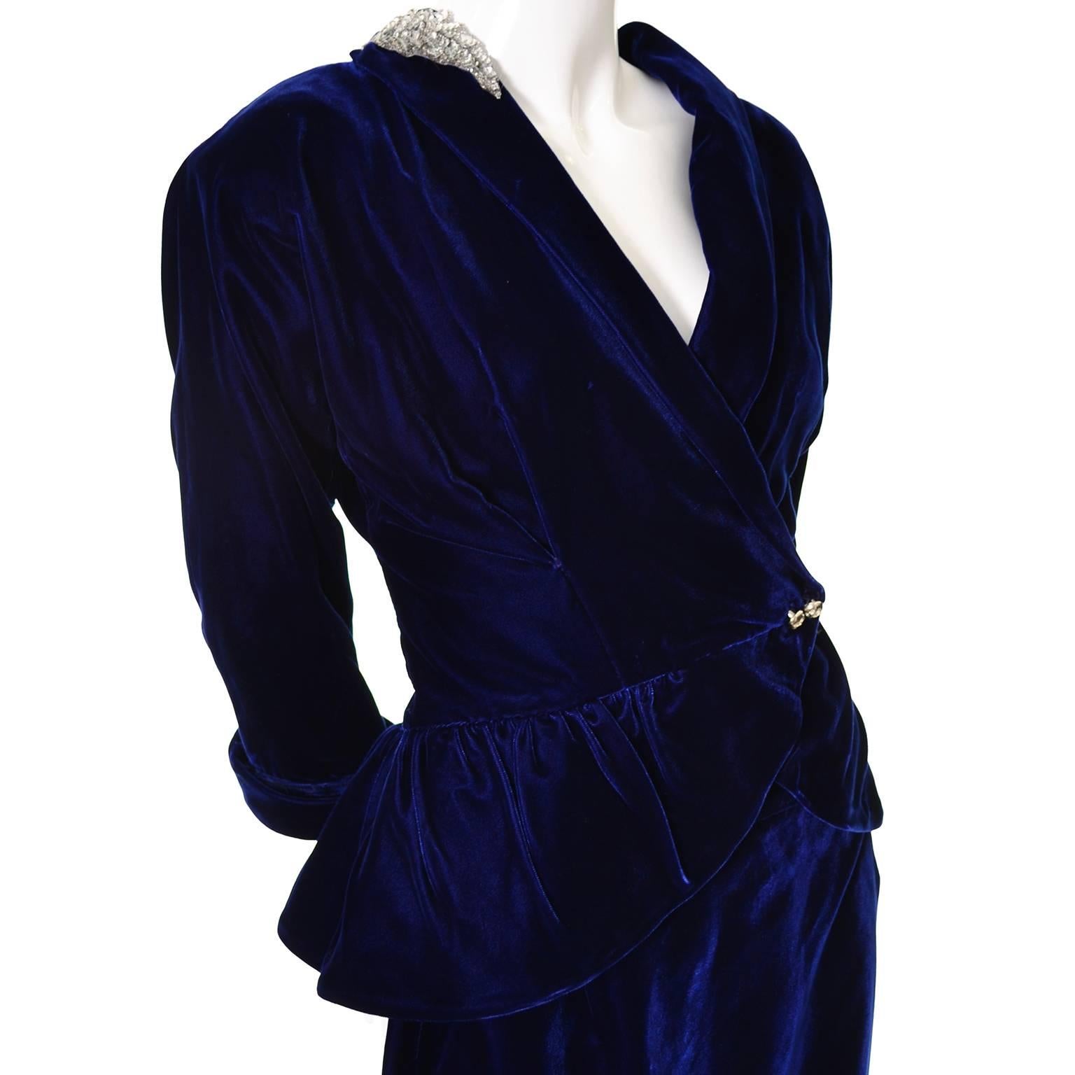 Women's Deluxe Blue Velvet Vintage 1940s Blazer Skirt Suit Rhinestones Peplum Jacket 10