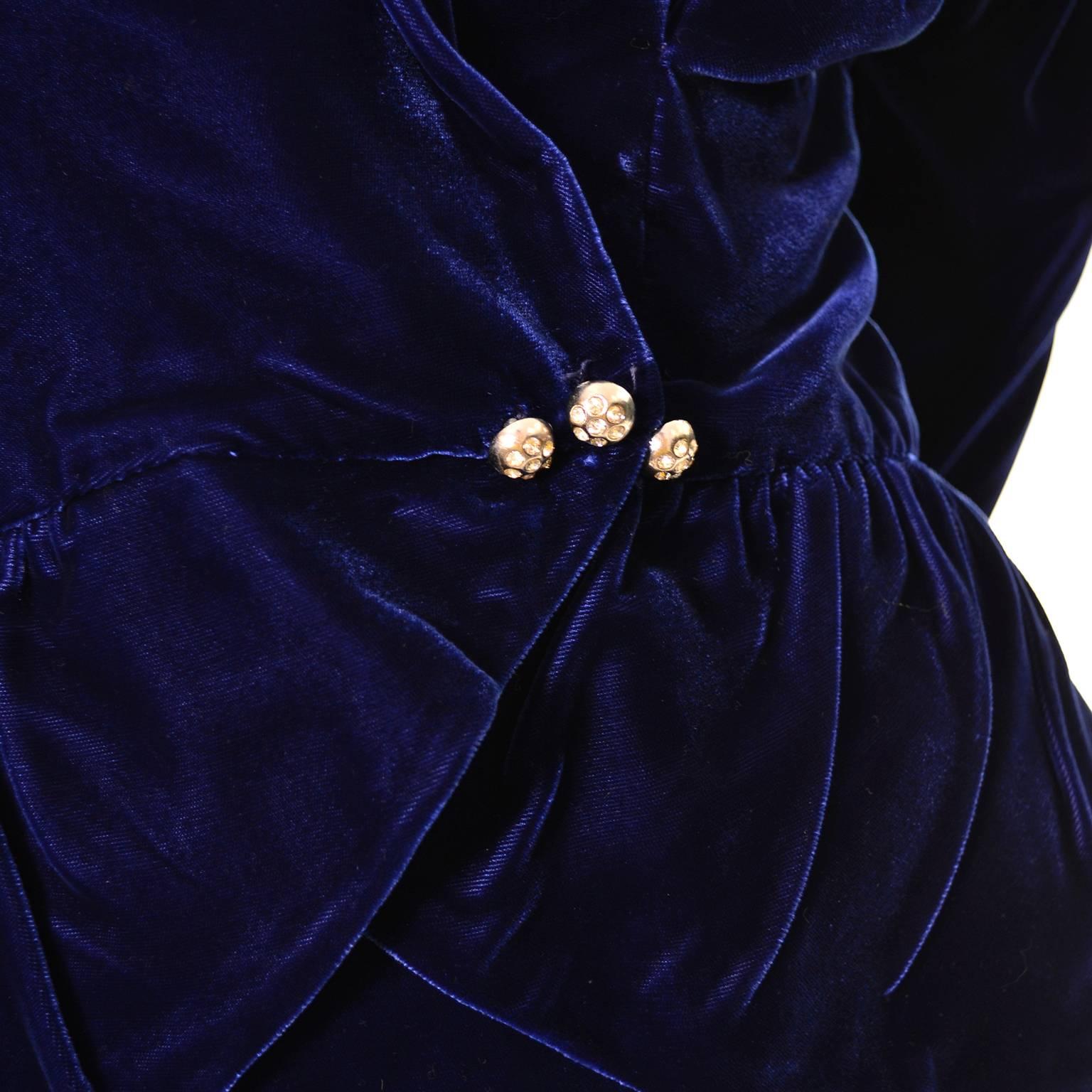 Deluxe Blue Velvet Vintage 1940s Blazer Skirt Suit Rhinestones Peplum Jacket 10 2