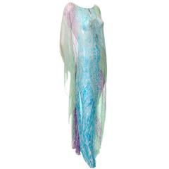 1980s Vintage Fine Silk Chiffon Watercolor Caftan and Scarf Statement Sleeves