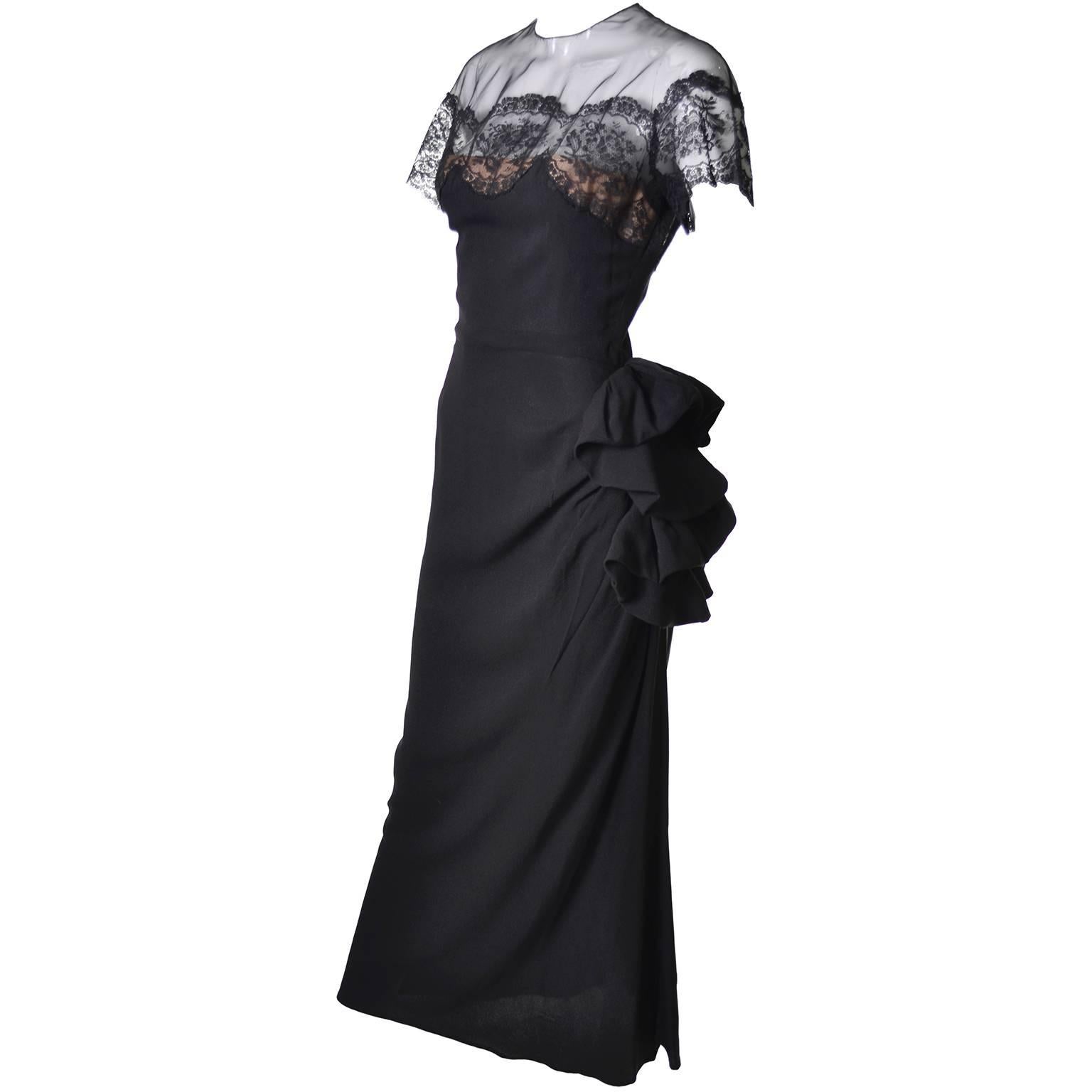 This sensational 1940's Peggy Hunt vintage black rayon crepe dress has a pretty organza illusion bodice and fine lace trim. Her 1940's dresses are rare to find and I was so thrilled to acquire this one in such good condition! The dress has a side