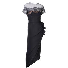 Peggy Hunt Vintage Dress Black Crepe Lace Evening Gown Illusion Bodice 1940s