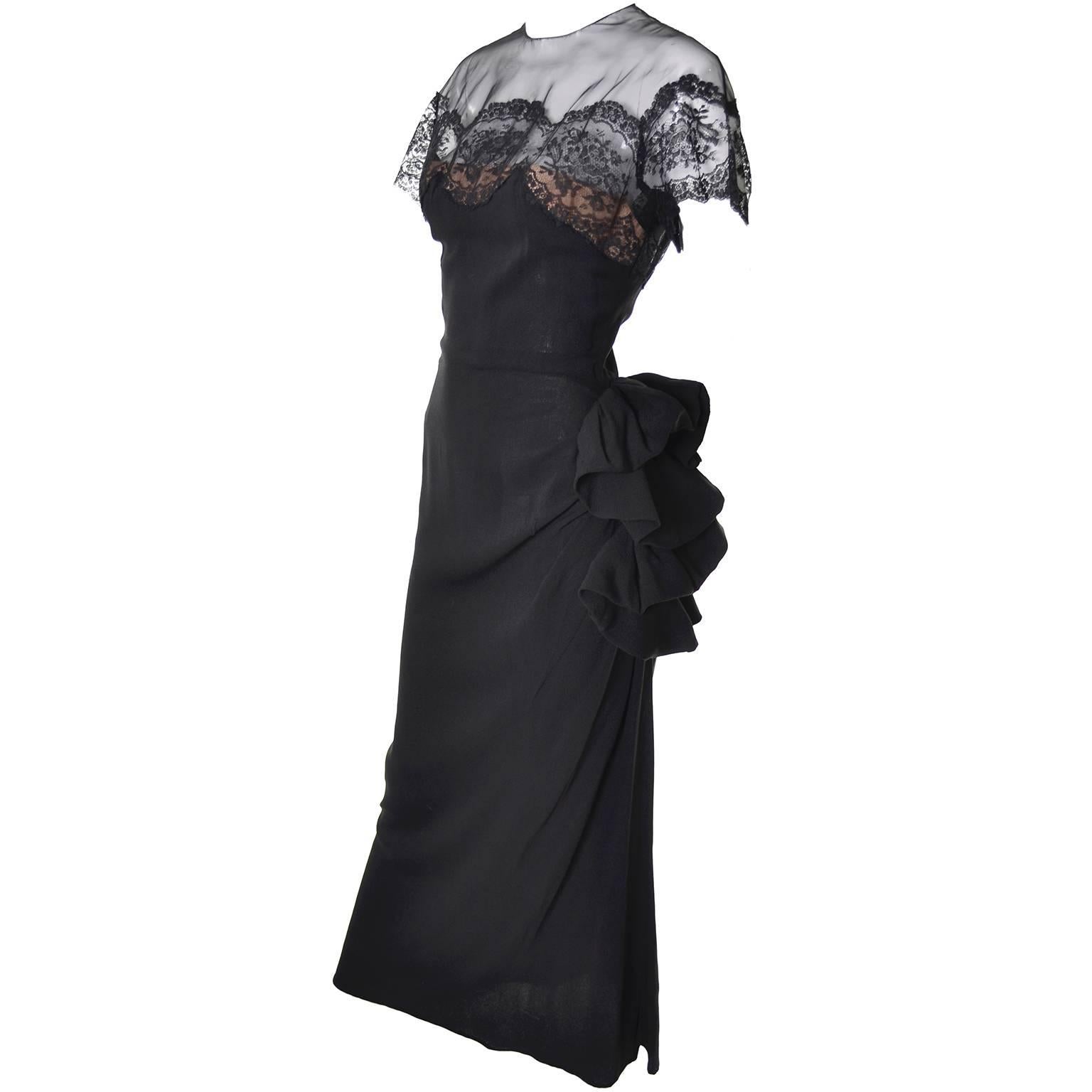 Peggy Hunt Vintage Dress Black Crepe Lace Evening Gown Illusion Bodice 1940s In Excellent Condition In Portland, OR
