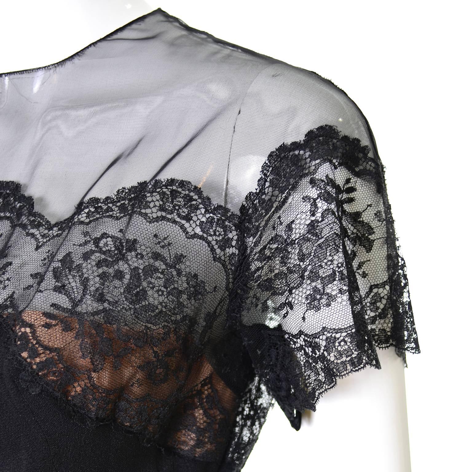 Women's Peggy Hunt Vintage Dress Black Crepe Lace Evening Gown Illusion Bodice 1940s