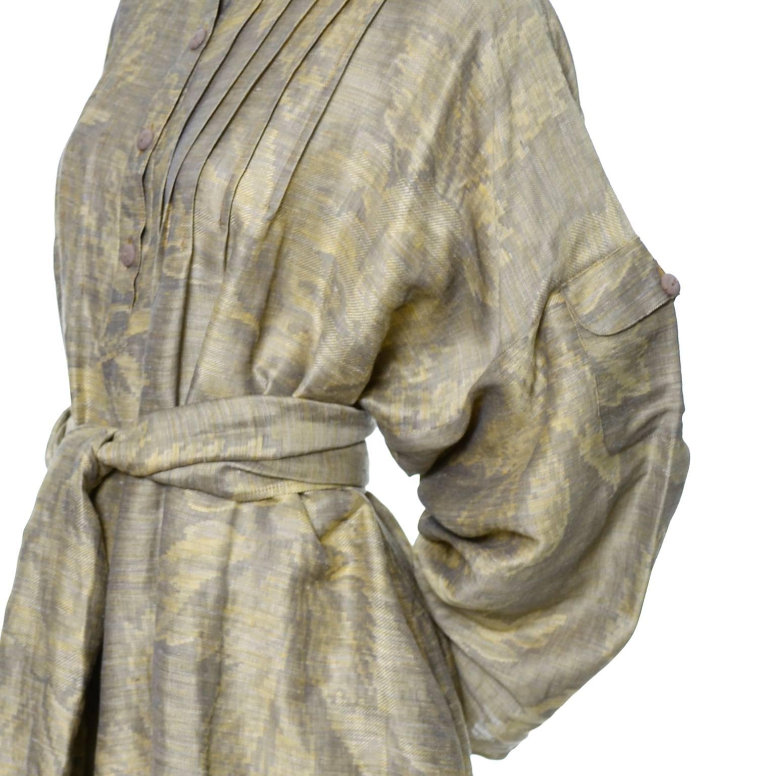 Brown 1980s Salvatore Ferragamo Vintage Linen Tunic Dress Statement Sleeves One Size