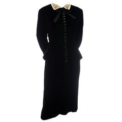 1940s Vintage Velvet Skirt Suit Beaded Satin Collar Peplum Jacket Rhinestones