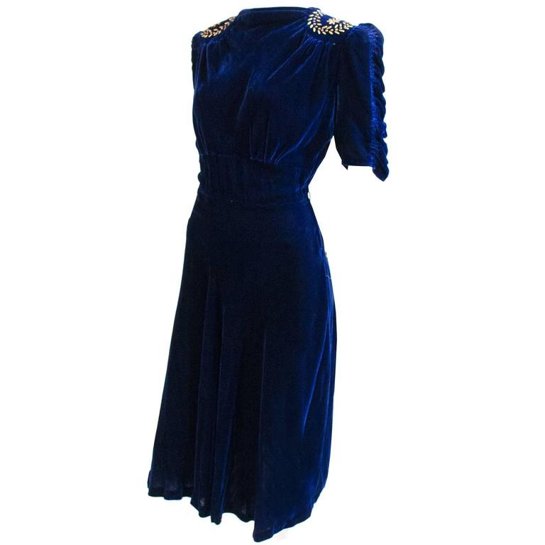 1930s Blue Velvet Vintage Dress Metal Stud Embellishments Elegant ...
