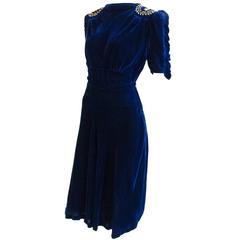 1930s Blue Velvet Vintage Dress Metal Stud Embellishments Elegant Sleeves 8