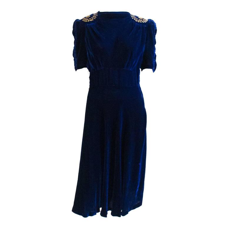 1930s Blue Velvet Vintage Dress Metal Stud Embellishments Elegant