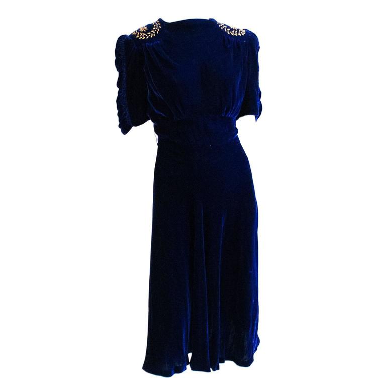 1930s Blue Velvet Vintage Dress Metal Stud Embellishments Elegant