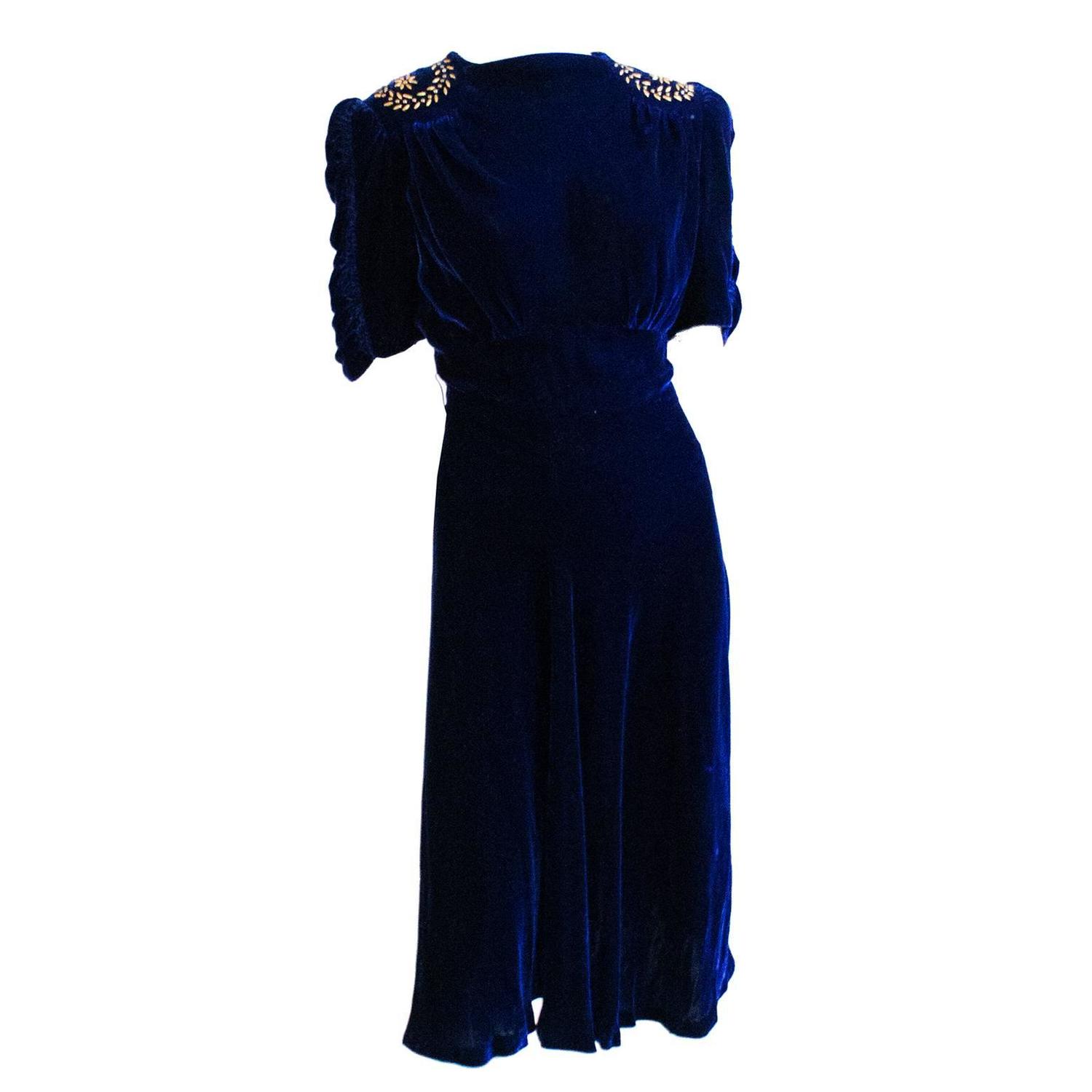 1930s Blue Velvet Vintage Dress Metal Stud Embellishments Elegant Sleeves 8 For Sale at 1stdibs