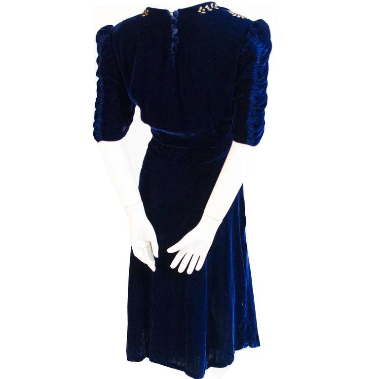 1930s Blue Velvet Vintage Dress Metal Stud Embellishments Elegant