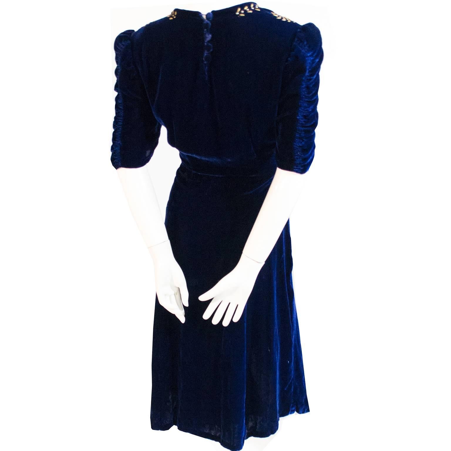 Black 1930s Blue Velvet Vintage Dress Metal Stud Embellishments Elegant Sleeves 8