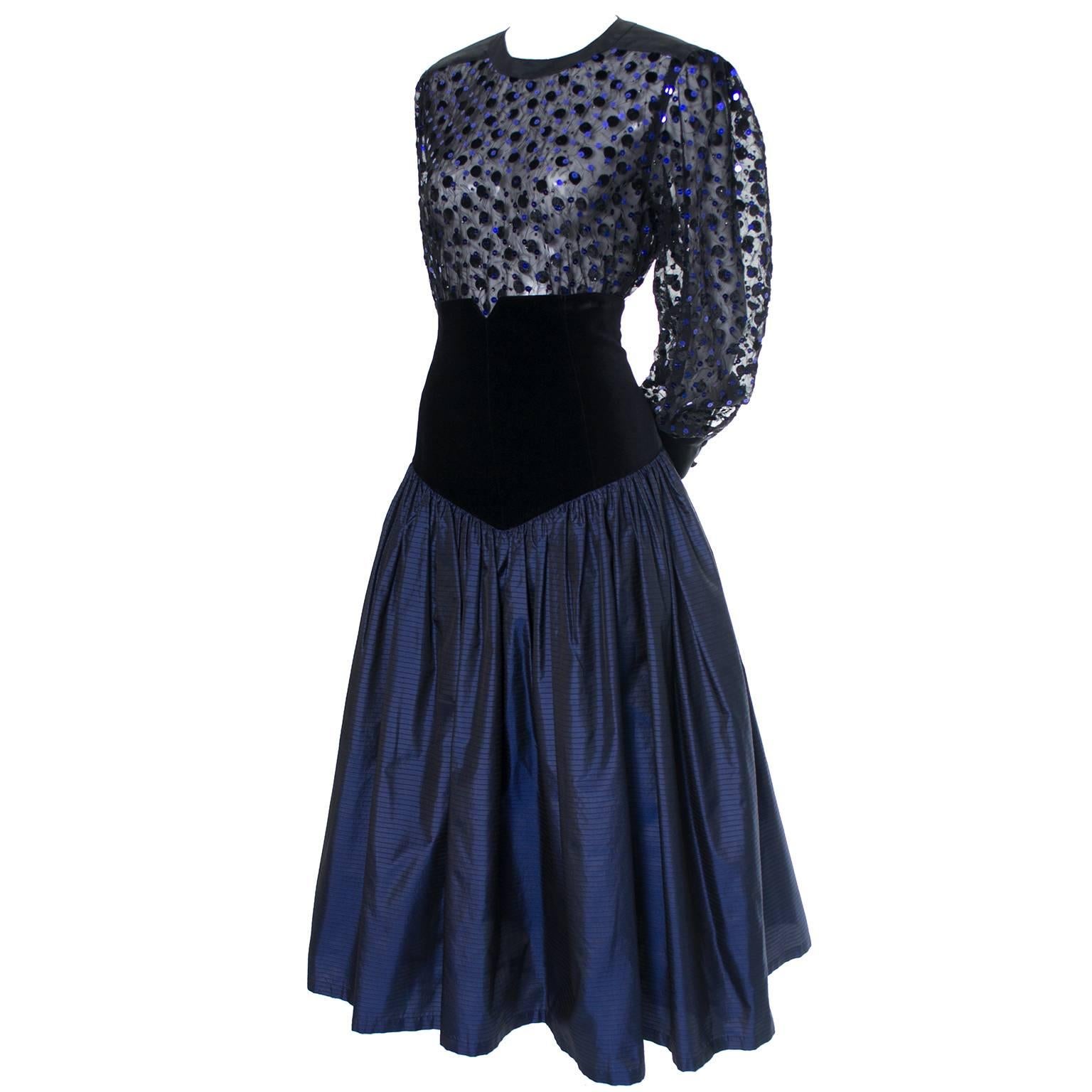 1980s Escada Vintage Blue & Black Velvet Satin 2 pc Evening Dress w Sheer Blouse In Excellent Condition In Portland, OR