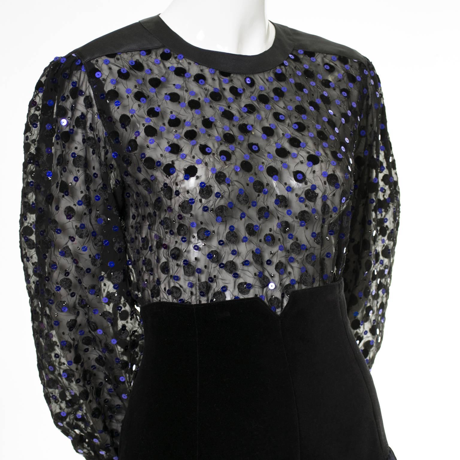 1980s Escada Vintage Blue & Black Velvet Satin 2 pc Evening Dress w Sheer Blouse 2