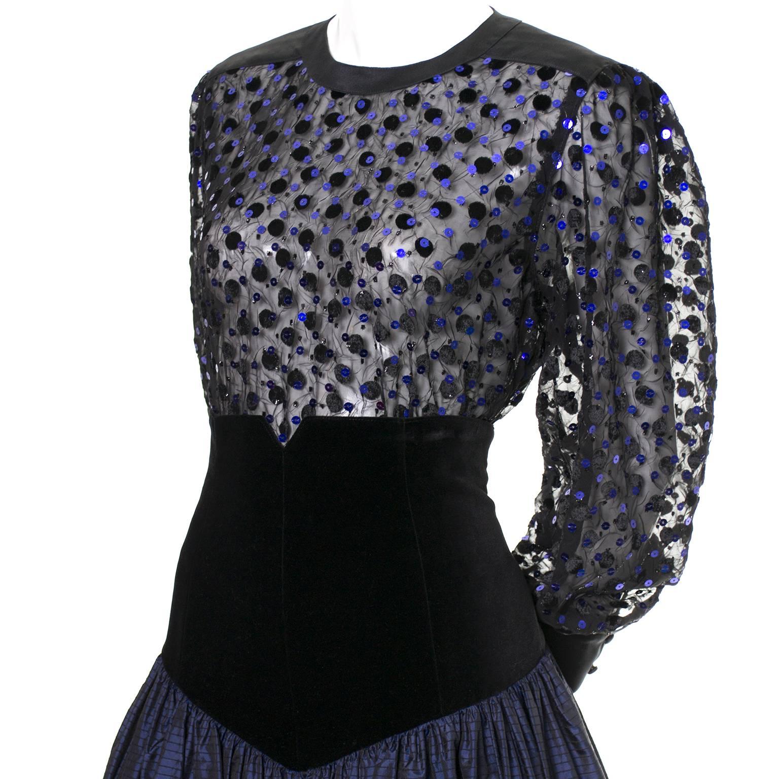 Women's 1980s Escada Vintage Blue & Black Velvet Satin 2 pc Evening Dress w Sheer Blouse