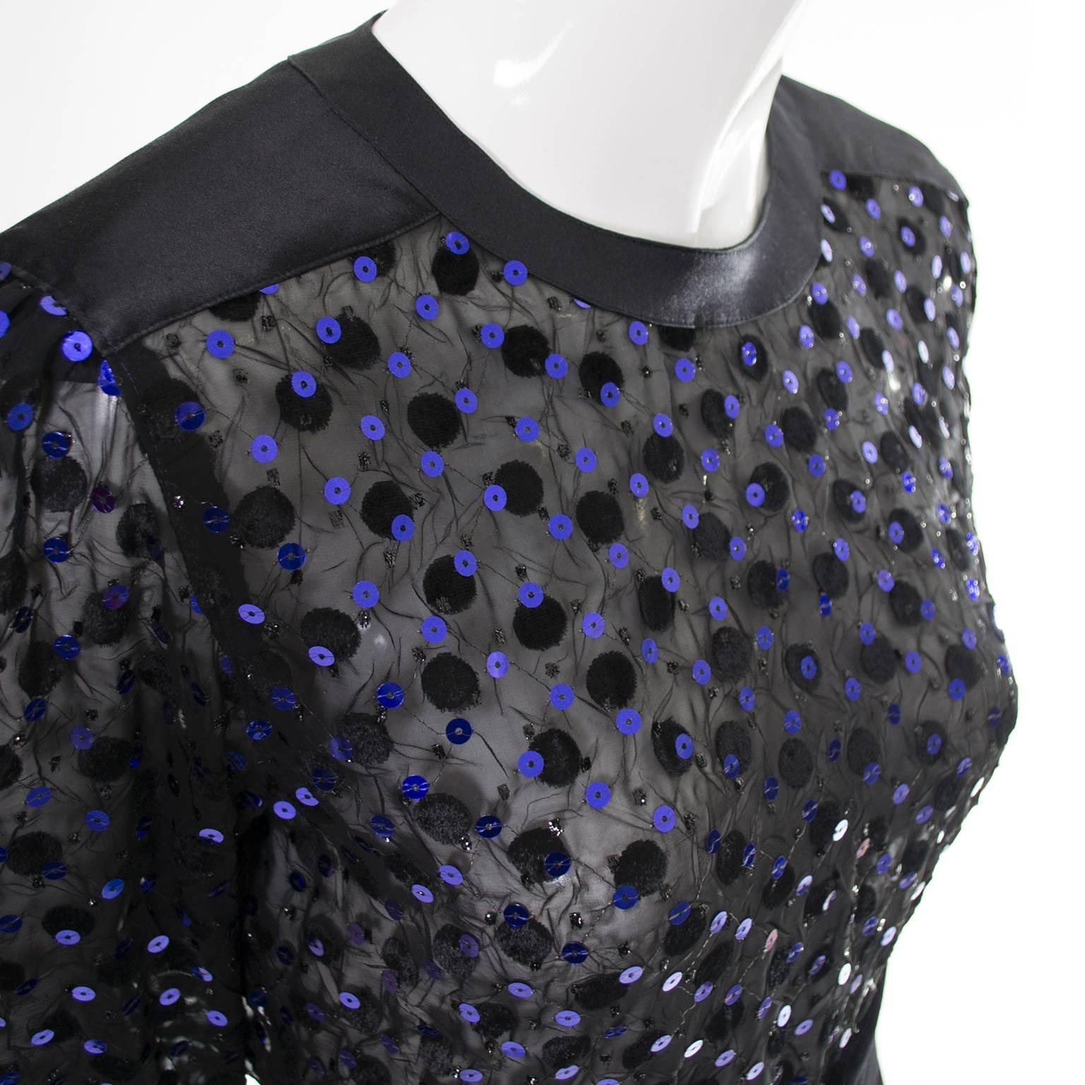 1980s Escada Vintage Blue & Black Velvet Satin 2 pc Evening Dress w Sheer Blouse 1