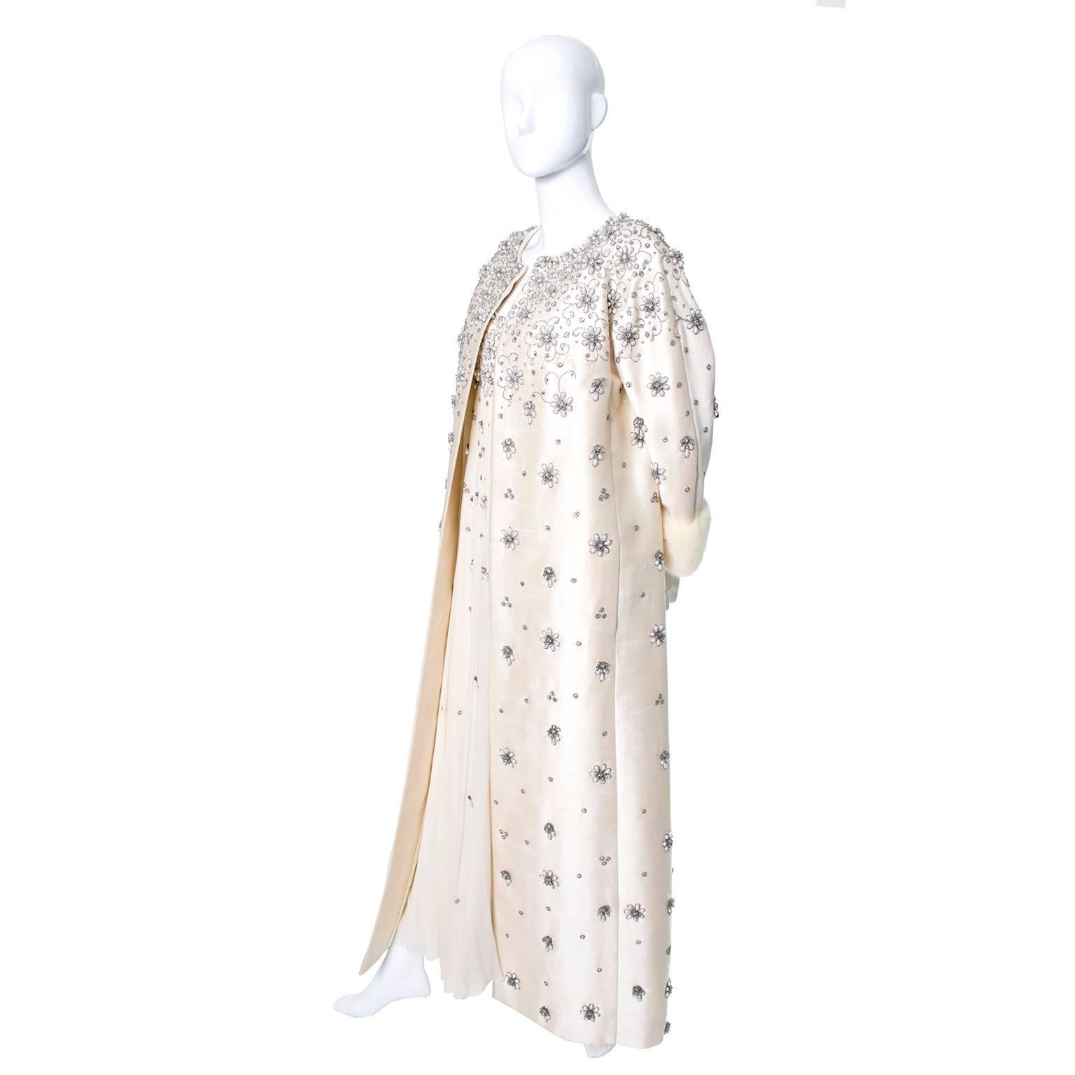 1960s Victoria Royal Vintage Ivory Beaded Dress Silk Gown Coat White Mink Cuffs  3