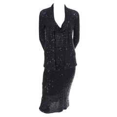 1990s Vintage Donna Karan 2pc Cashmere Silk Evening Dress W Sequins & Cardigan
