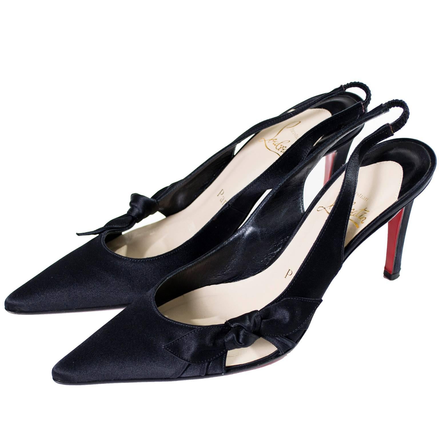 Christian Louboutin Black Satin Shoes Slingbacks Bows Size 35.5 5.5