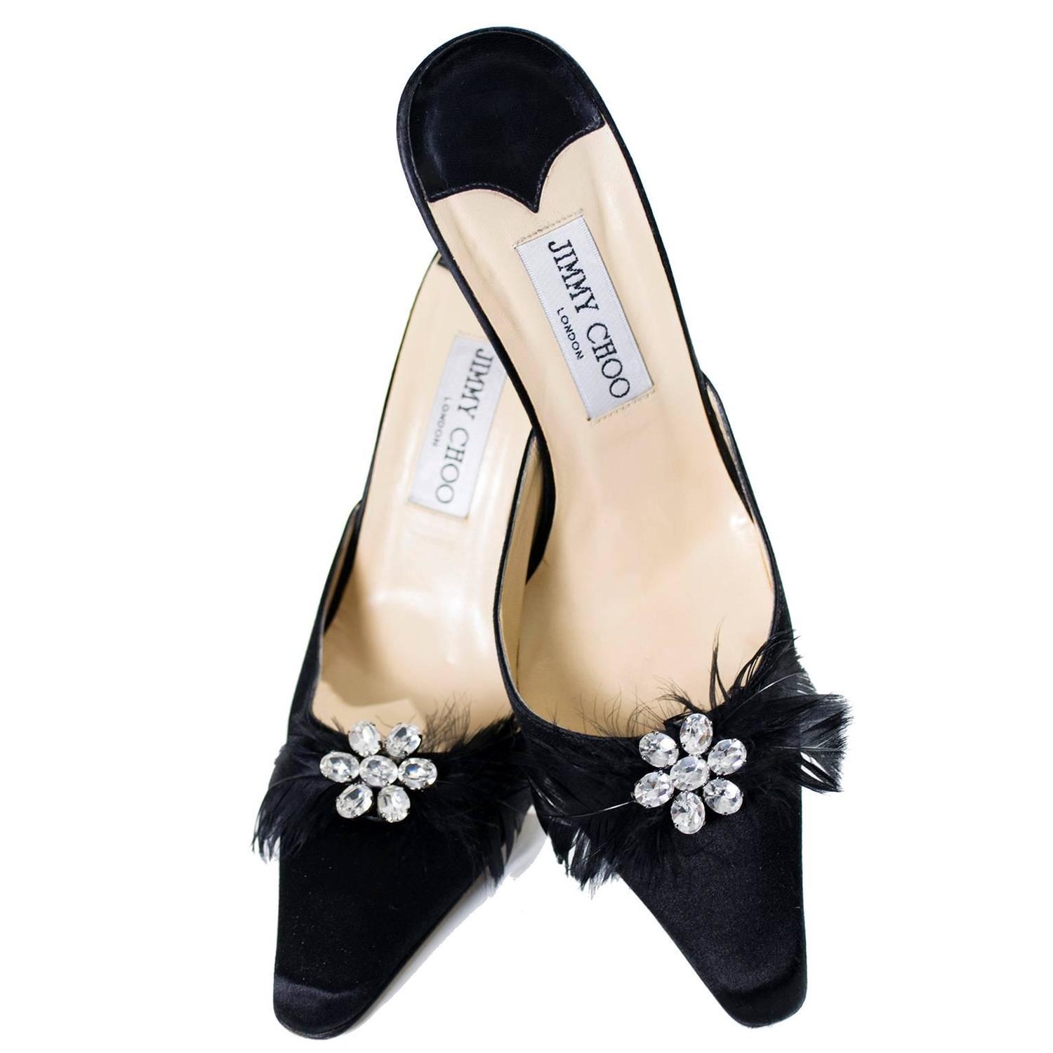 Jimmy Choo Black Satin Shoes Rhinestones Feathers Heels Size 37 For ...