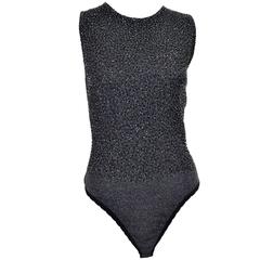 1990s Donna Karan Beaded Bodysuit Evening Top Black Label Size Large 10