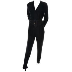 Donna Karan Black Label Vintage Wool Stirrup Jumpsuit Suede With Belt 10