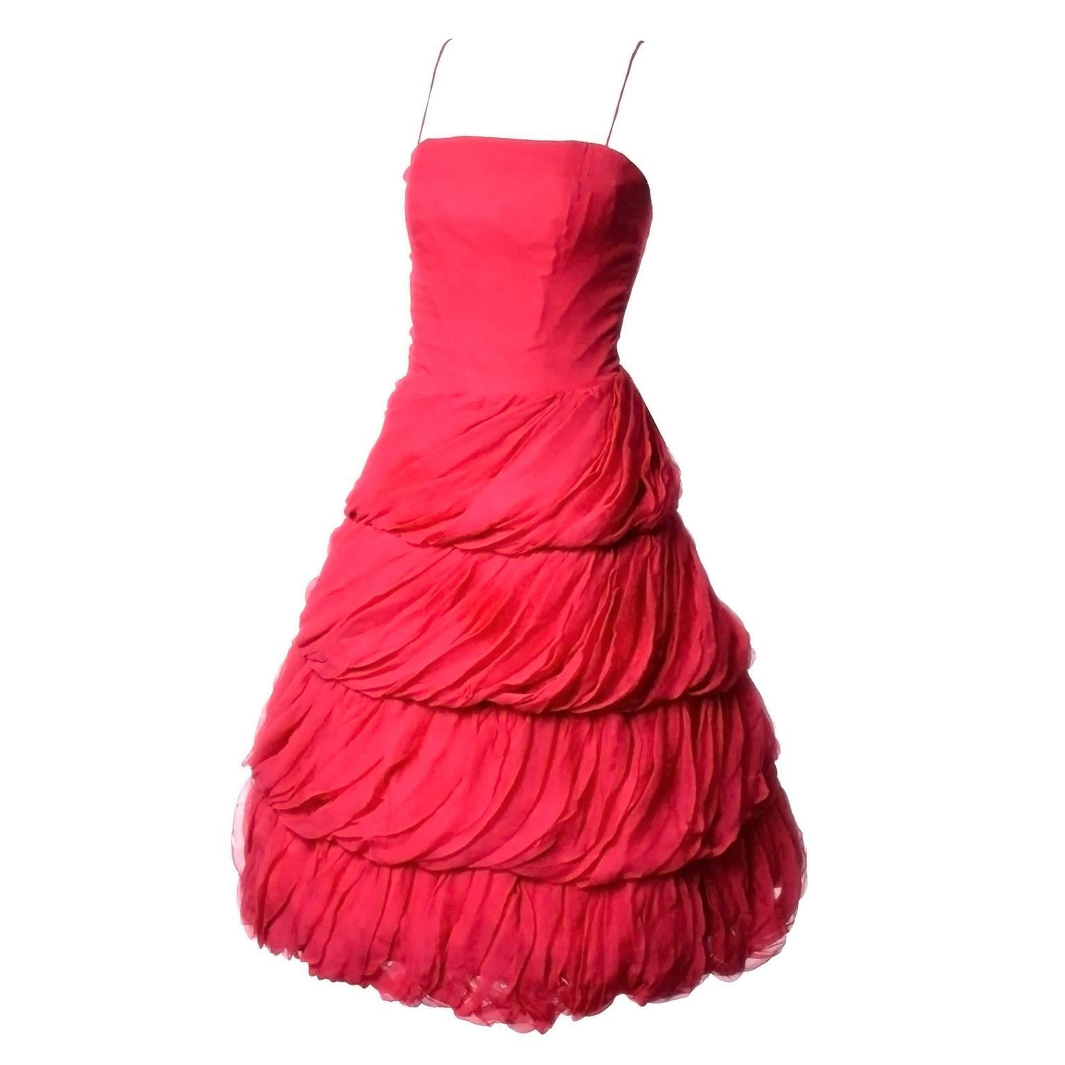 1950s Frank Usher London Vintage Dress in Fine Red Silk Chiffon Black Label