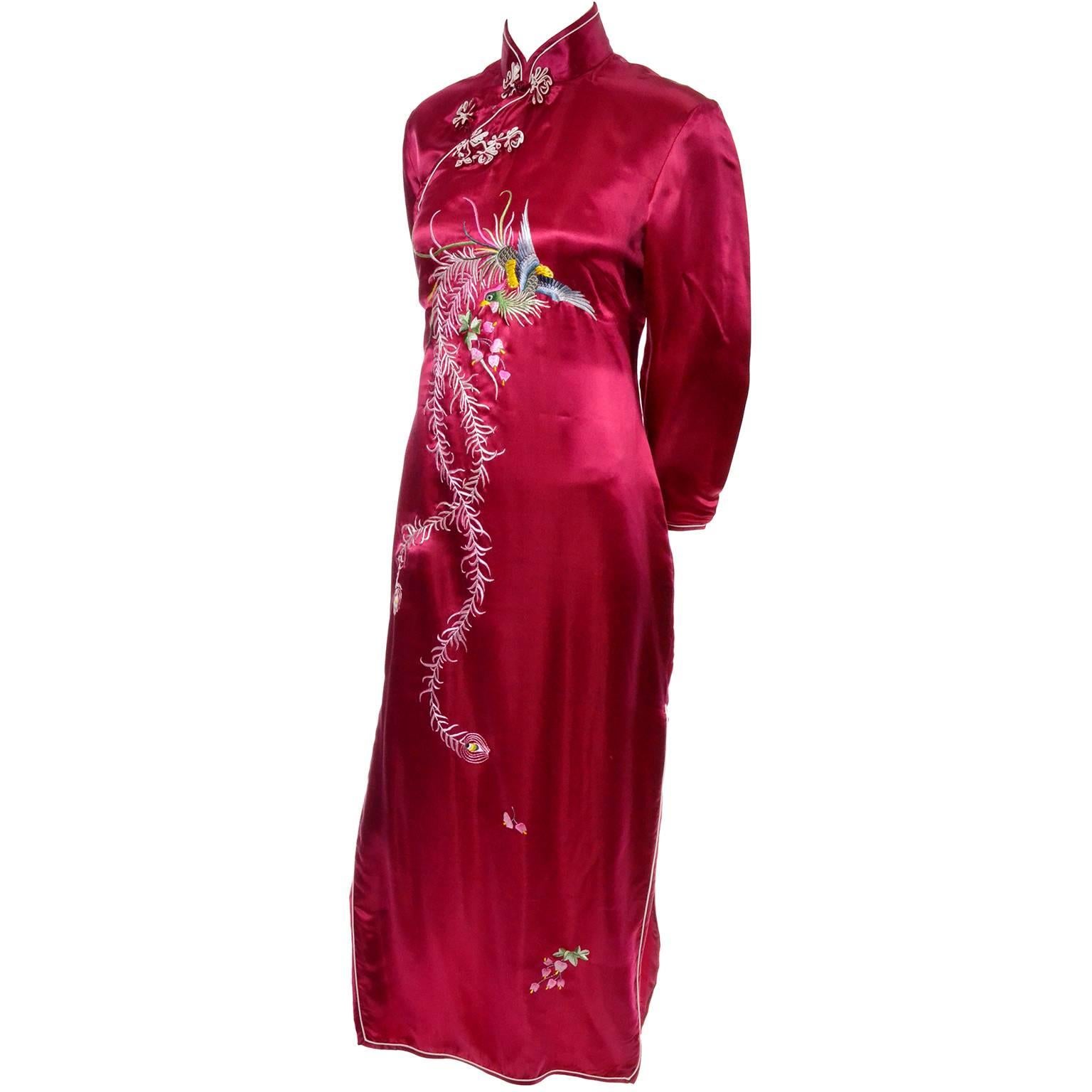 Women's Chinese Vintage Red Silk Cheongsam Dress Fine Embroidery Peacock Bird Motif 8/10