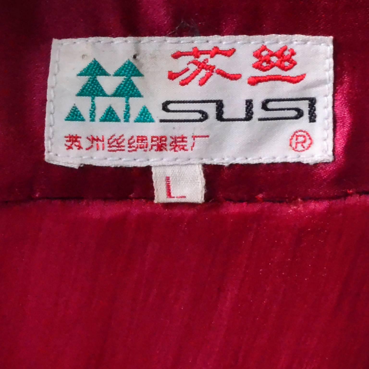Chinese Vintage Red Silk Cheongsam Dress Fine Embroidery Peacock Bird Motif 8/10 3