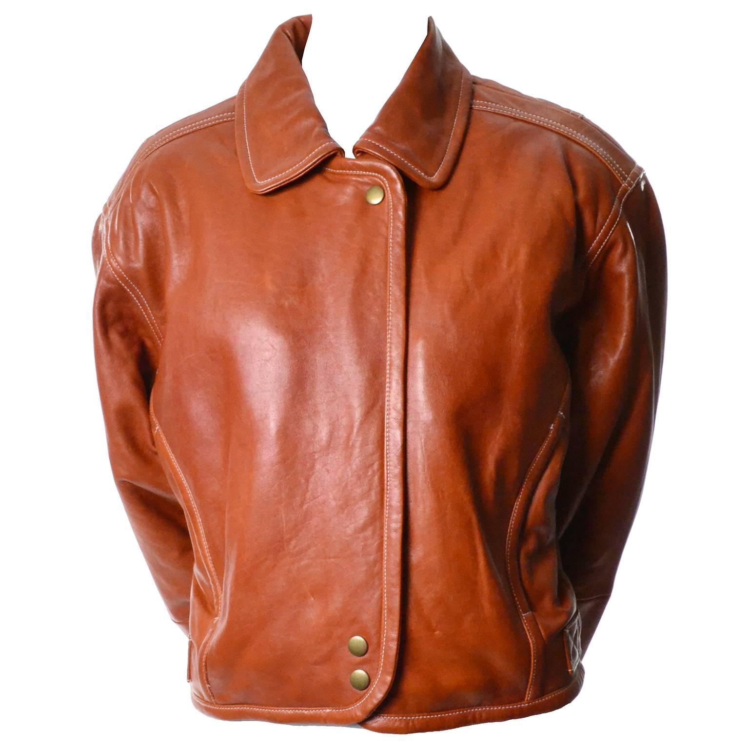 Vintage 1980s Kara George Caramel Leather Bomber Jacket Medium