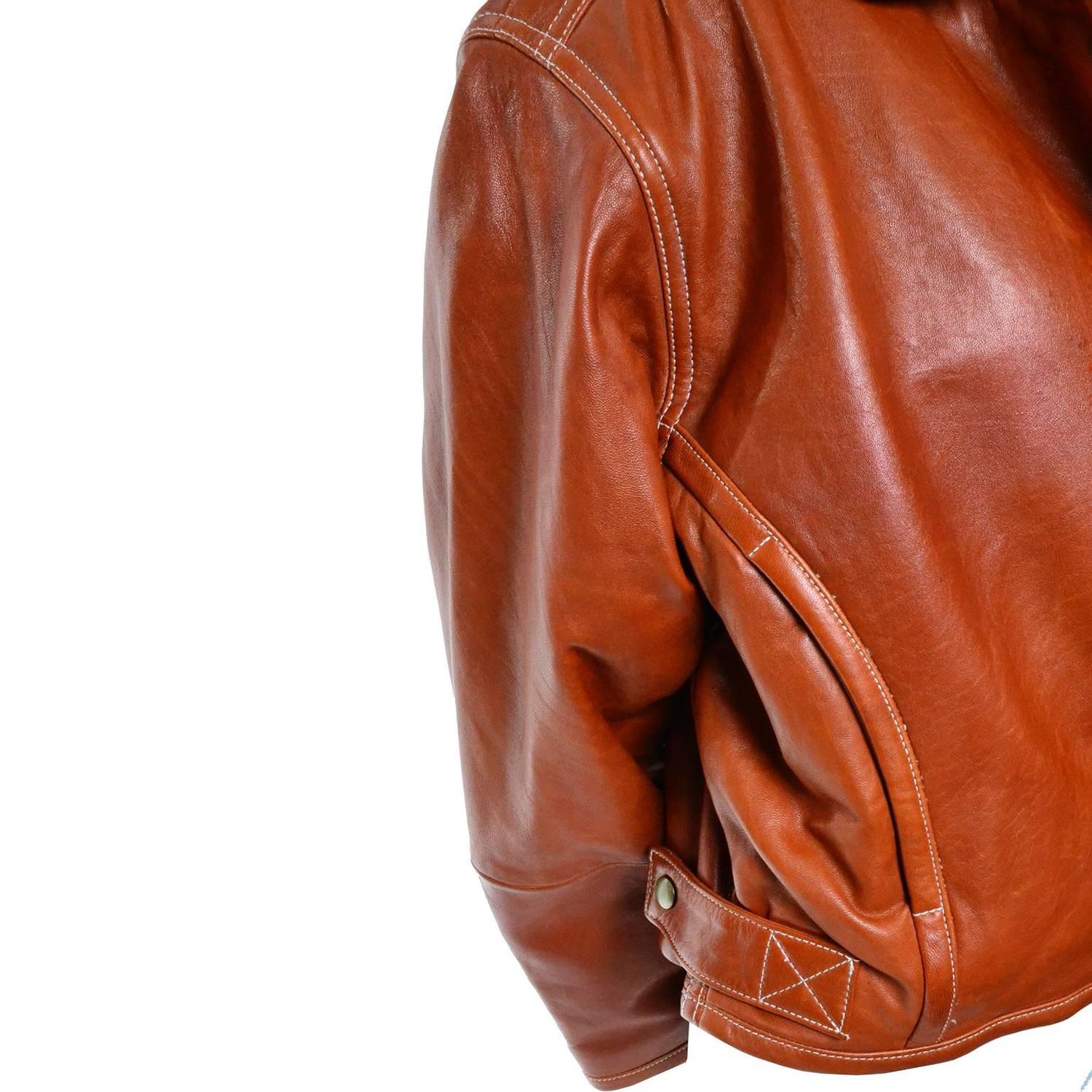 Vintage 1980s Kara Caramel Leather Bomber Jacket Medium For Sale