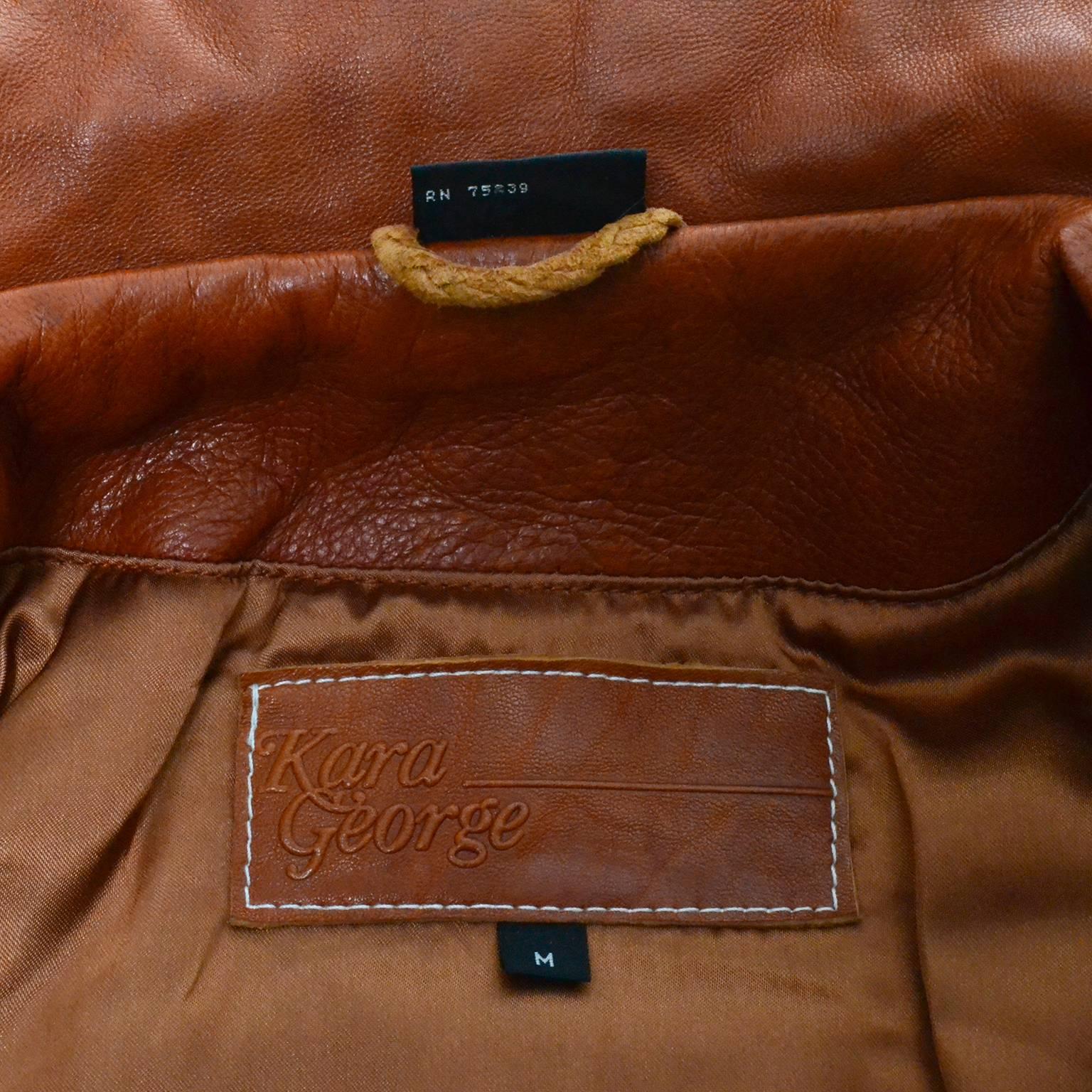 Brown Vintage 1980s Kara George Caramel Leather Bomber Jacket Medium