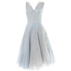 Peggy Hunt 1950s Vintage Dress Blue Lace Cream Silk Full Skirt 8