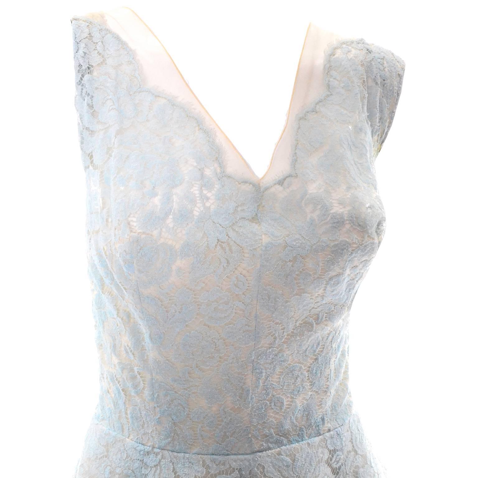 White Peggy Hunt 1950s Vintage Dress Blue Lace Cream Silk Full Skirt 8