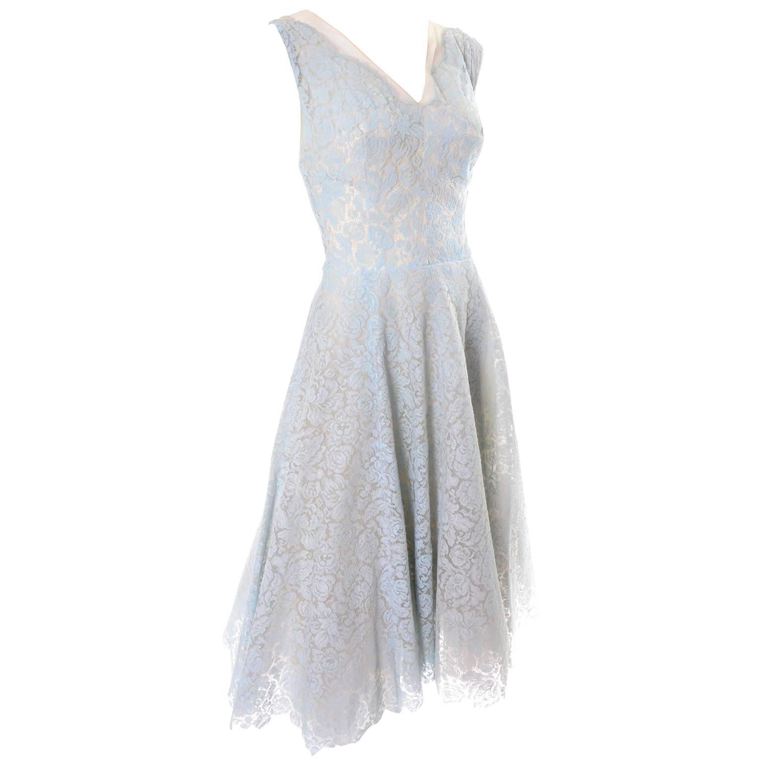 Peggy Hunt 1950s Vintage Dress Blue Lace Cream Silk Full Skirt 8 2