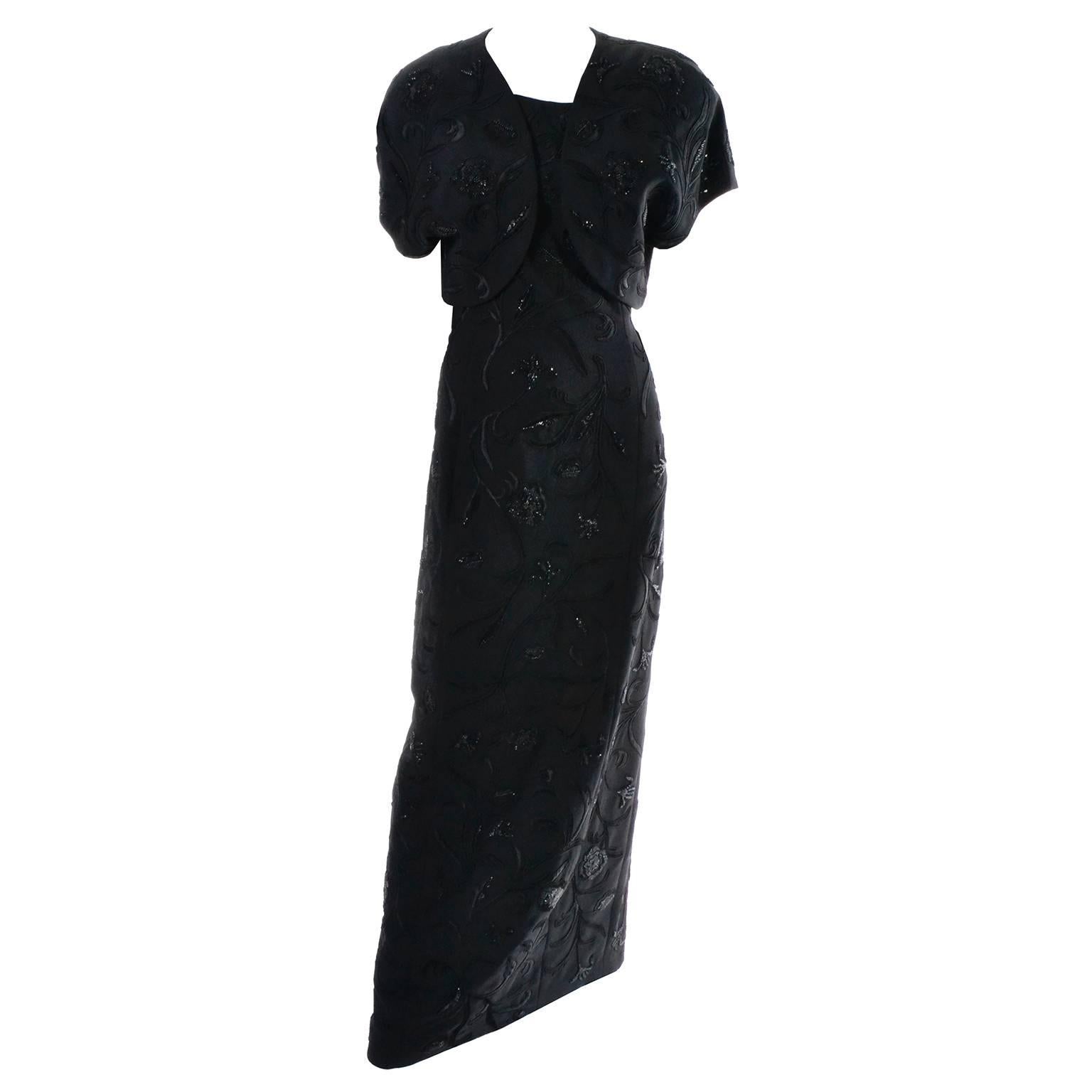 Black Carmen Marc Valvo 1990s Vintage Dress Beaded Evening Gown and Bolero Jacket 14