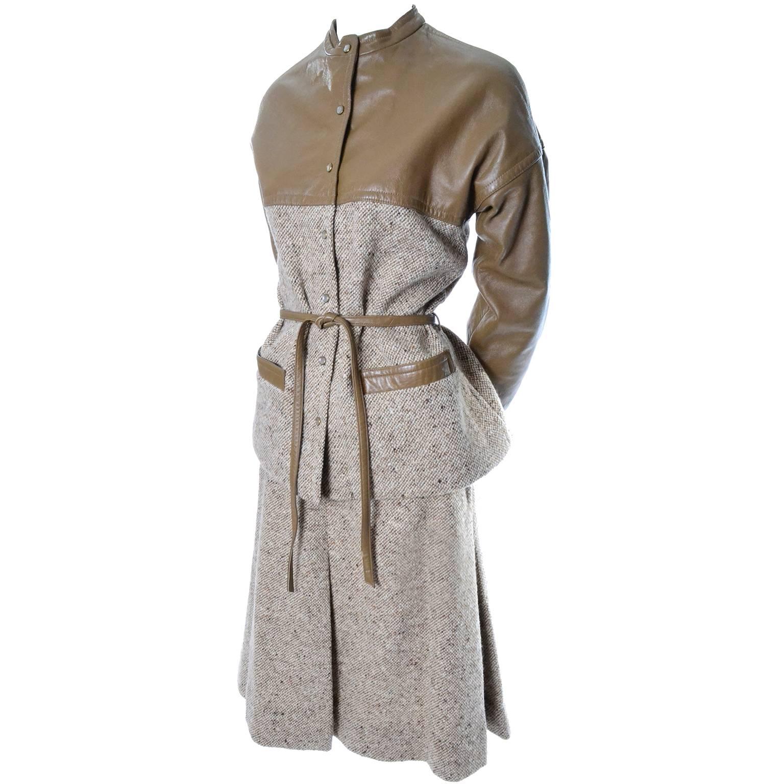 Bonnie Cashin Vintage Tweed Leather Skirt Jacket Suit 8