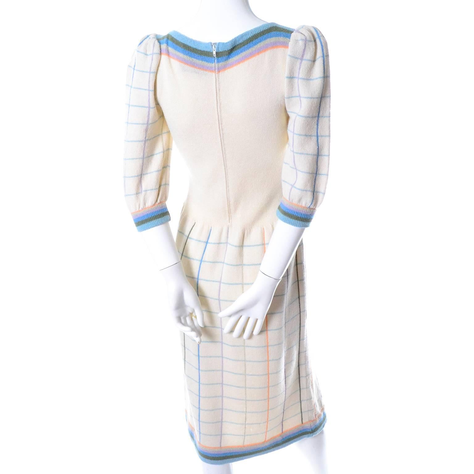 Gray Adolfo I Magnin Vintage Dress 1970s Winter White Pastel Plaid Wool Rayon Knit