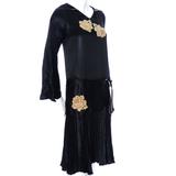 1920s Black Silk Vintage Dress Rose Lace Appliques Knife Pleated Skirt xxs