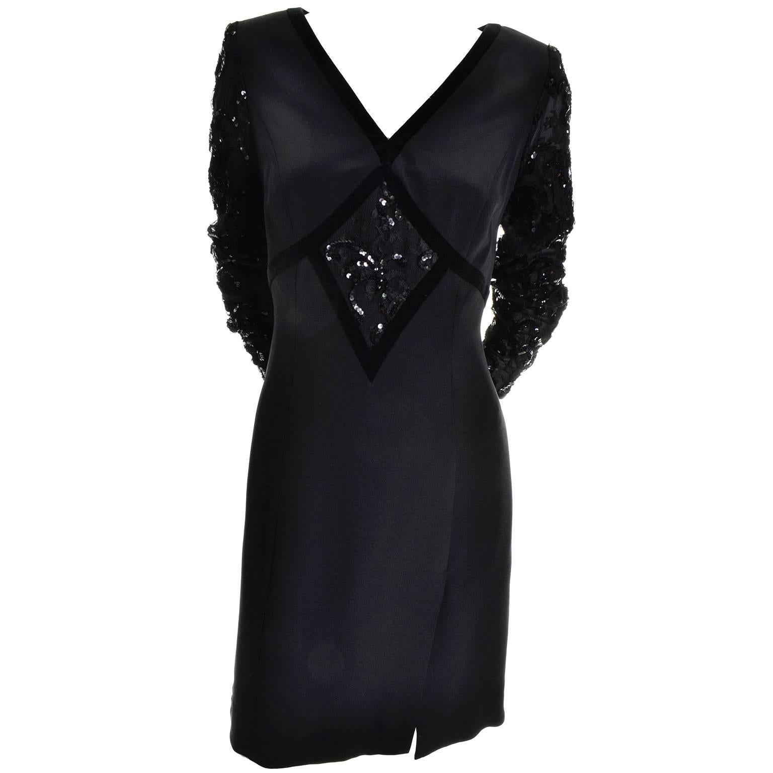 Escada Couture Vintage Black Silk Dress With Velvet Trim & Sequins in Size 38