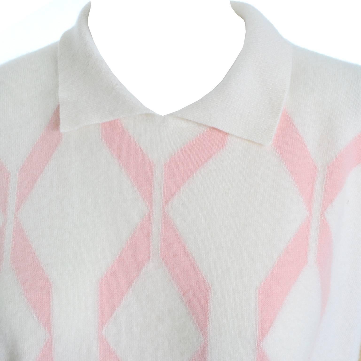 Gray Winter White Pringle Scotland Vintage Cashmere Sweater Pink Ribbon Design 38