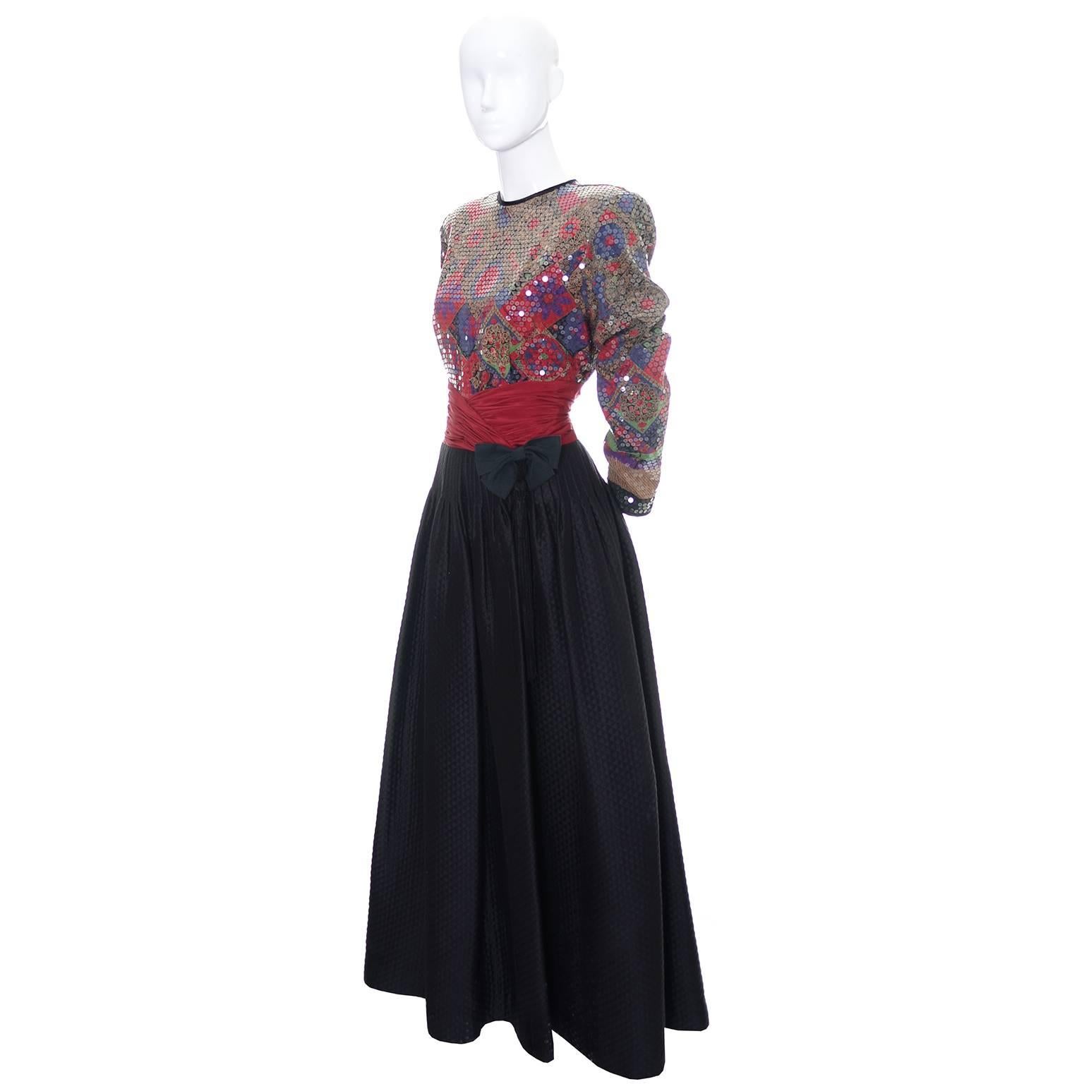 Black Silk Sequins Elizabeth Arden Dress The Salon Vintage Evening Gown Size 12