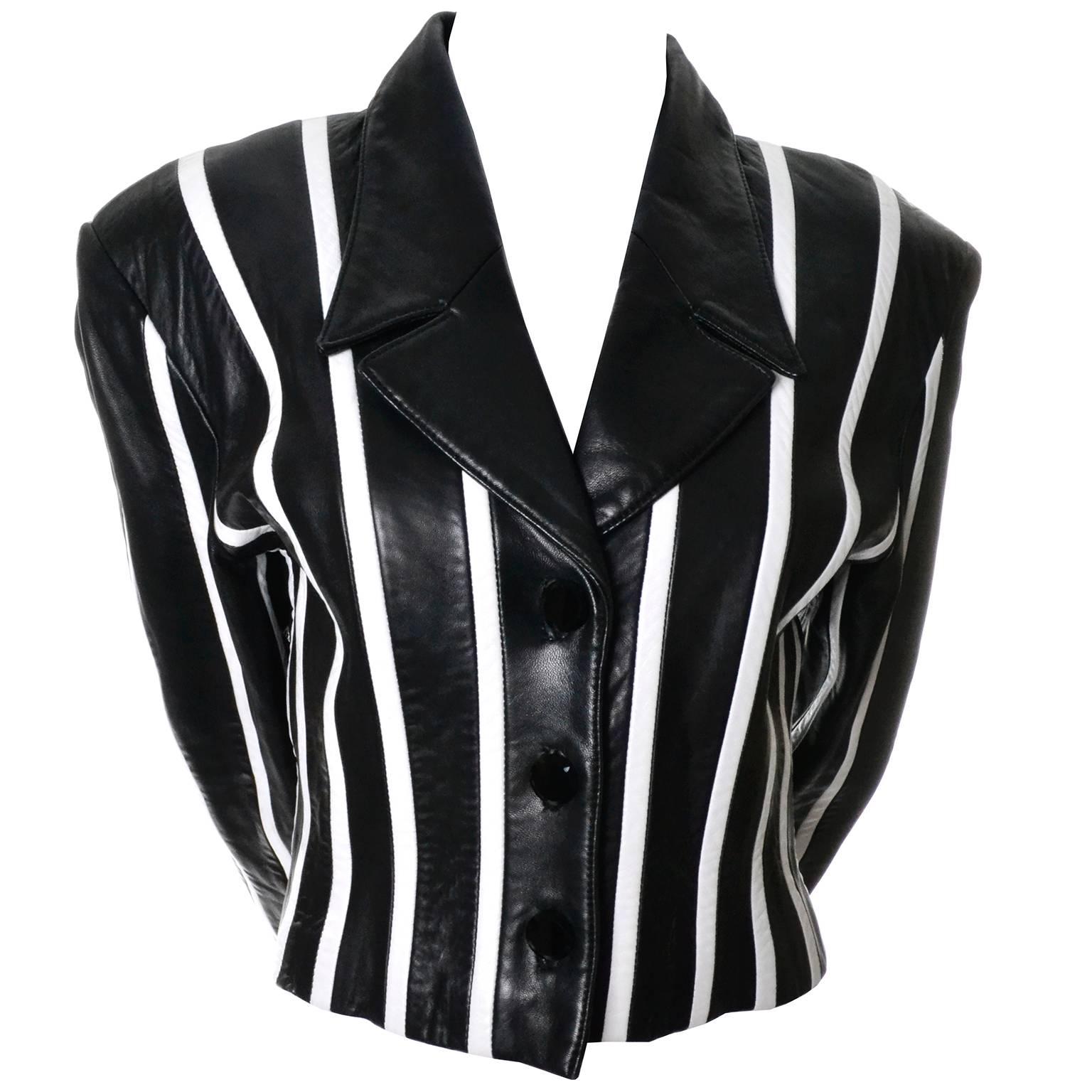 Michael Hoban North Beach Leather Vintage Cropped Striped Black White Jacket 