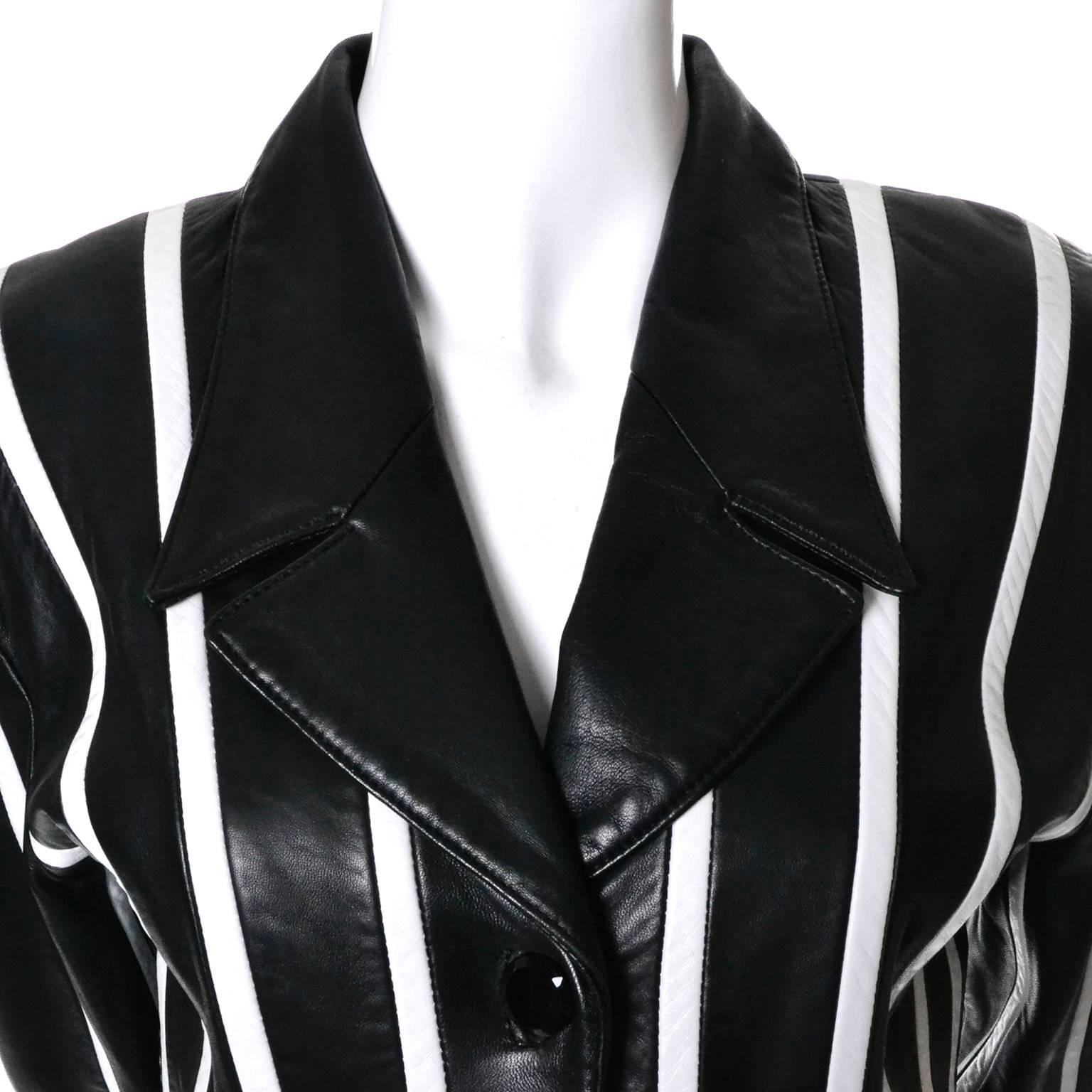 Michael Hoban North Beach Leather Vintage Cropped Striped Black White Jacket  In Excellent Condition In Portland, OR